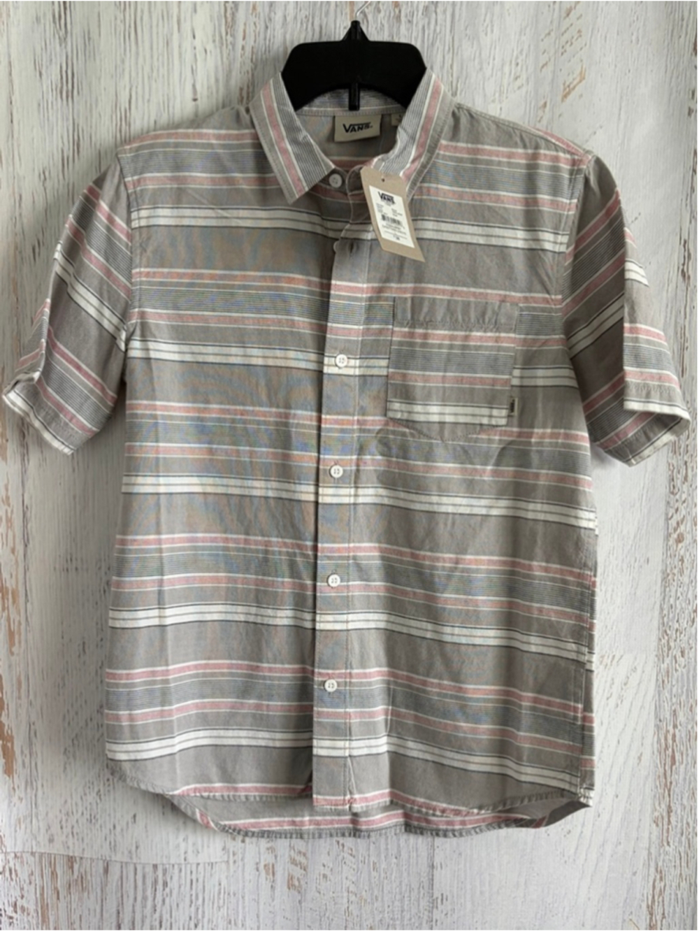 Boys Vans Button Down Shirt L Gray White Striped